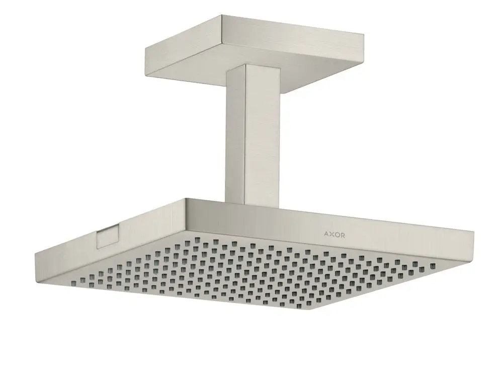 Duschkopf von AXOR mit quadratischer Fläche und Deckenanschluss. Oberfläche in Edelstahl-Optik, mit gleichmäßigen Düsen zur Wasserverteilung.
